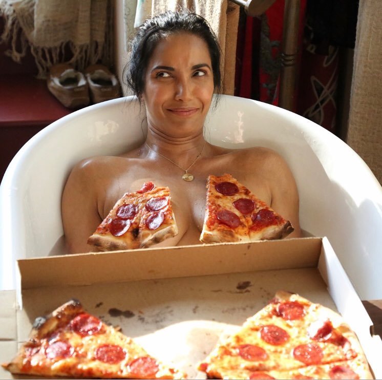 Padma Lakshmi Goes Topless for Pizza Party in Bathtub.