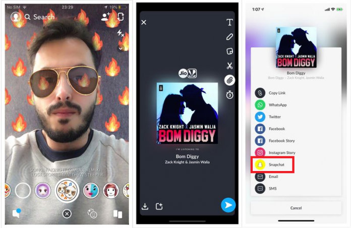 JioSaavn Allows Share Songs on Snapchat Stories
