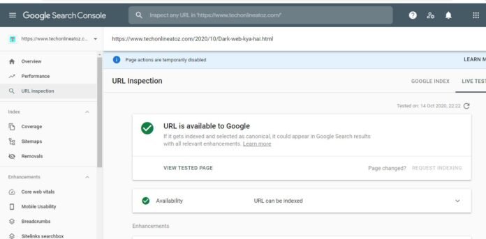 Google search console disabled request indexing feature temporarily