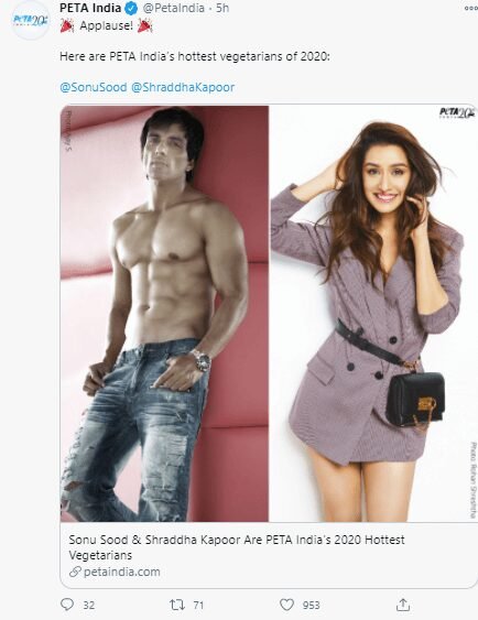 Actor sonu sood and shraddha kapoor named 2020 hottest vegetarian by peta india (1)