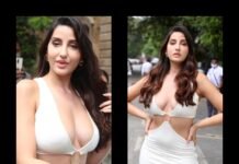 Nora fatehi flaunting her curves in plunging neckline bodycon